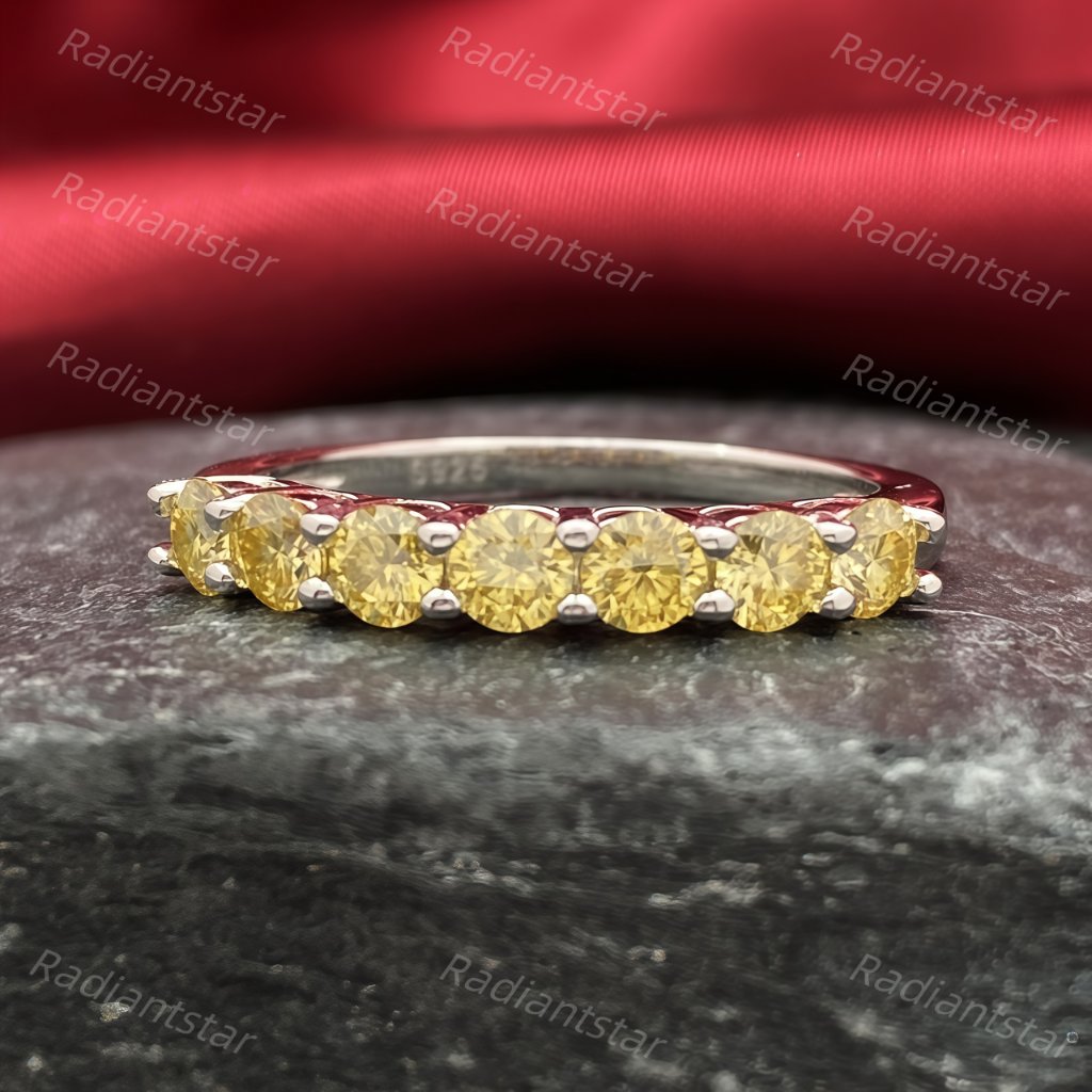 New Certified 3mm Lemon Yellow Moissanite 7 Stone Half Eternity Band Ring